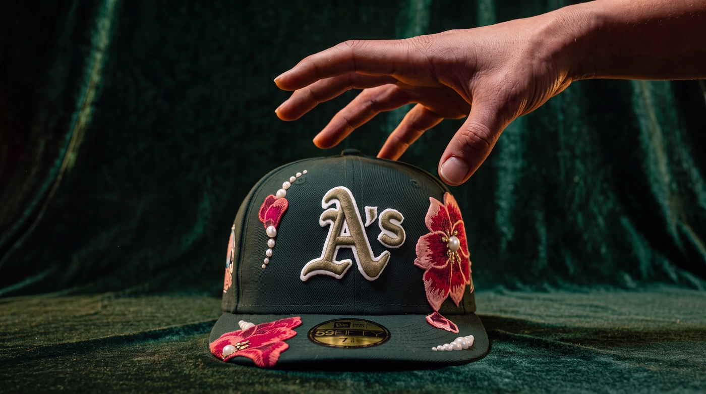 Casquette 59FIFTY personnalisée à la main, fleurs et perles, sur velours vert